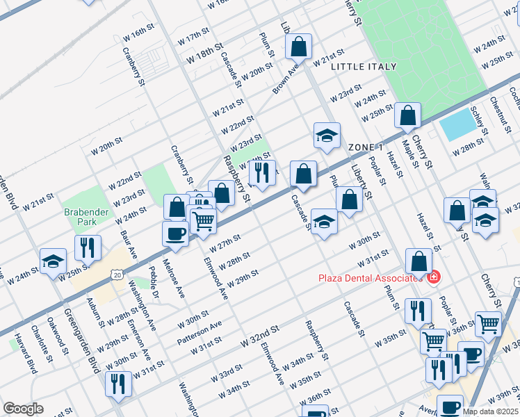 map of restaurants, bars, coffee shops, grocery stores, and more near 1037 Highway 20 in Erie