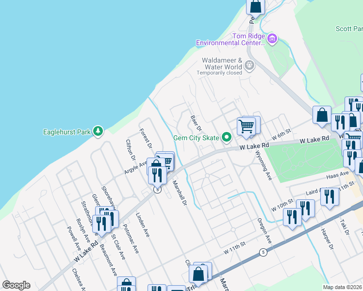 map of restaurants, bars, coffee shops, grocery stores, and more near 220 Fieldstone Way in Erie