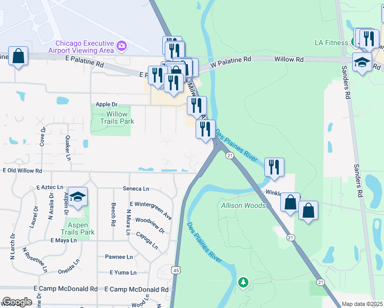 map of restaurants, bars, coffee shops, grocery stores, and more near 938 East Old Willow Road in Prospect Heights