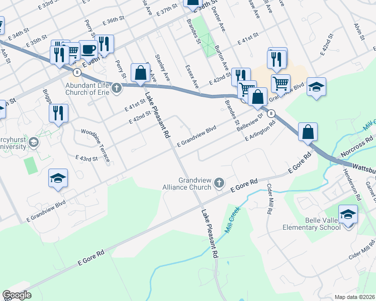map of restaurants, bars, coffee shops, grocery stores, and more near 1036 Belleview Dr in Erie