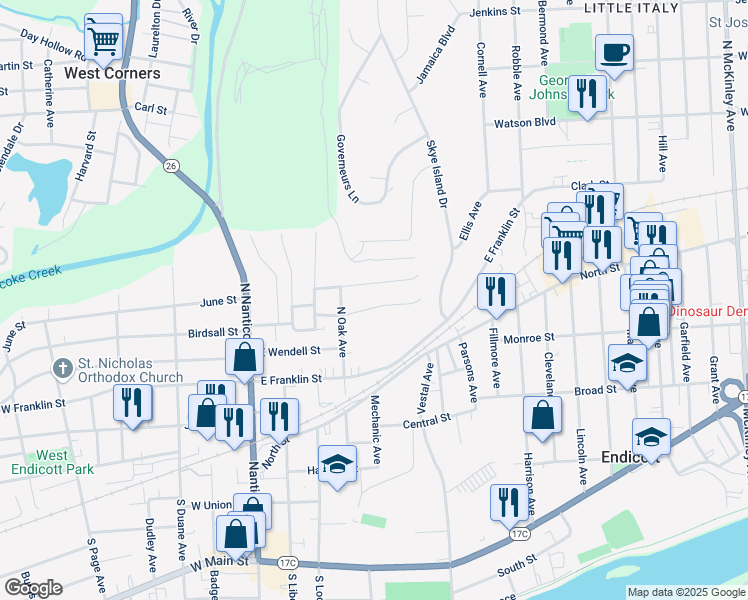 map of restaurants, bars, coffee shops, grocery stores, and more near 413 Groats Street in Endicott