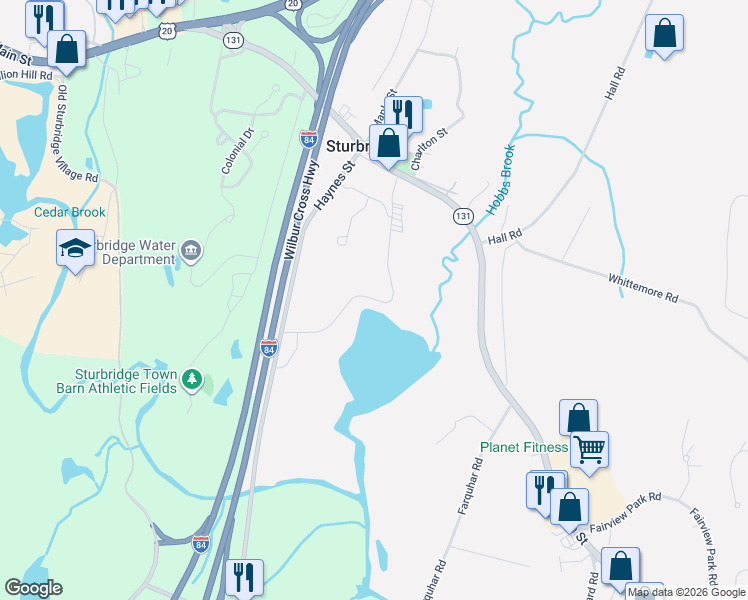 map of restaurants, bars, coffee shops, grocery stores, and more near 1 Haynes Street in Sturbridge