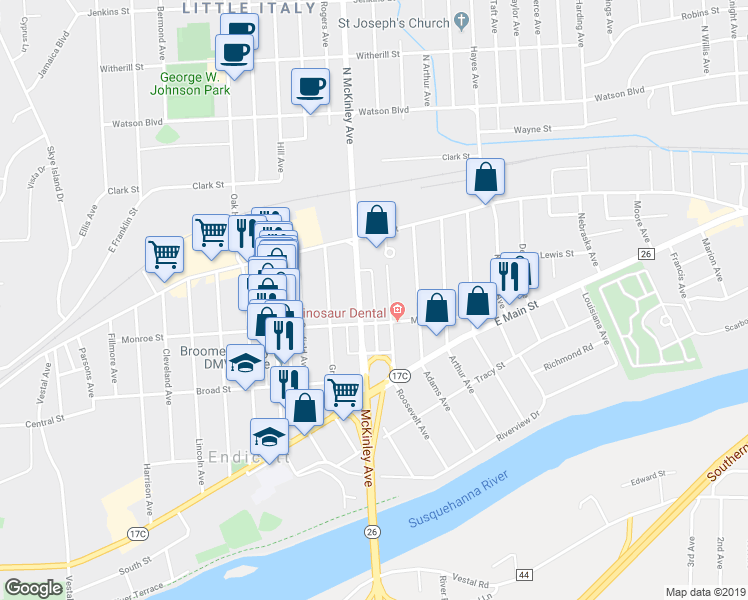 map of restaurants, bars, coffee shops, grocery stores, and more near 16 Watson Alley in Endicott
