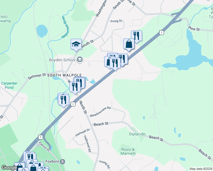 map of restaurants, bars, coffee shops, grocery stores, and more near 18 Washington Street in Foxborough