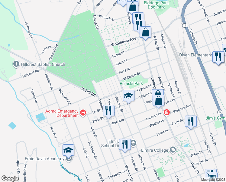 map of restaurants, bars, coffee shops, grocery stores, and more near 418 Tompkins Street in Elmira