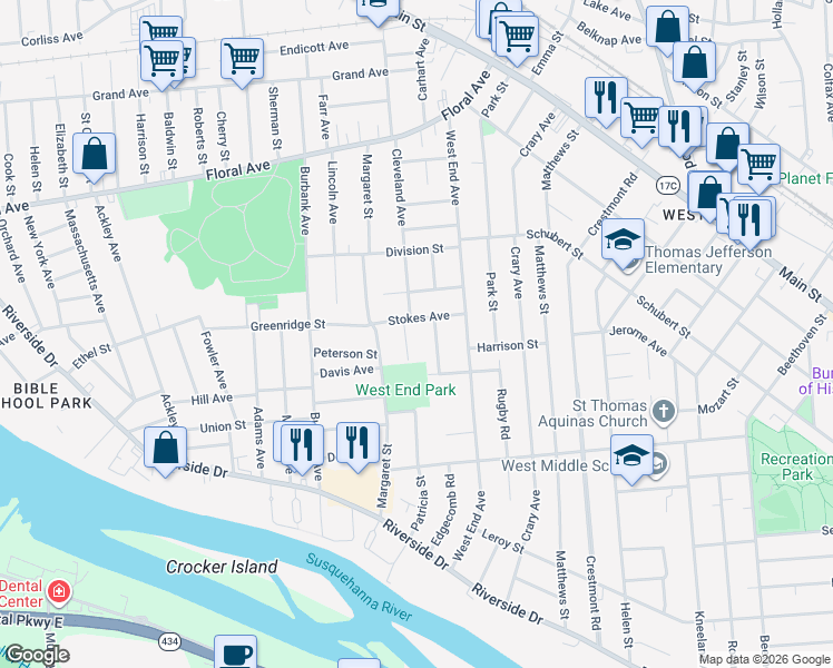 map of restaurants, bars, coffee shops, grocery stores, and more near 12 Stanford Pl in Binghamton