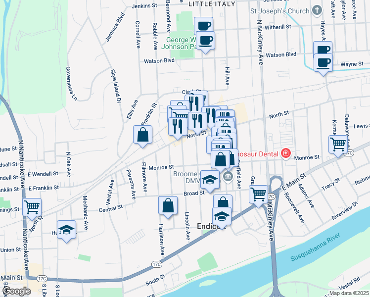 map of restaurants, bars, coffee shops, grocery stores, and more near 9 Lincoln Avenue in Endicott