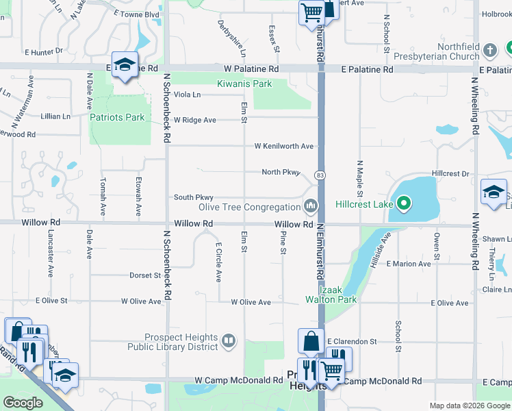 map of restaurants, bars, coffee shops, grocery stores, and more near 105 South Parkway in Prospect Heights