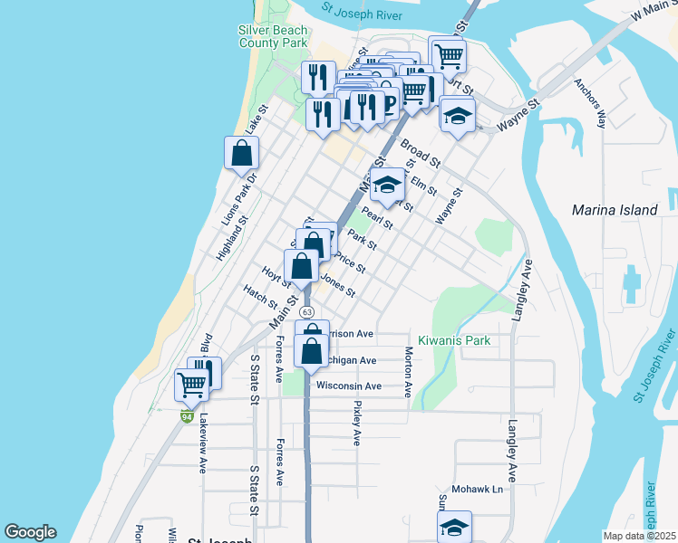 map of restaurants, bars, coffee shops, grocery stores, and more near 914 Court Street in St. Joseph