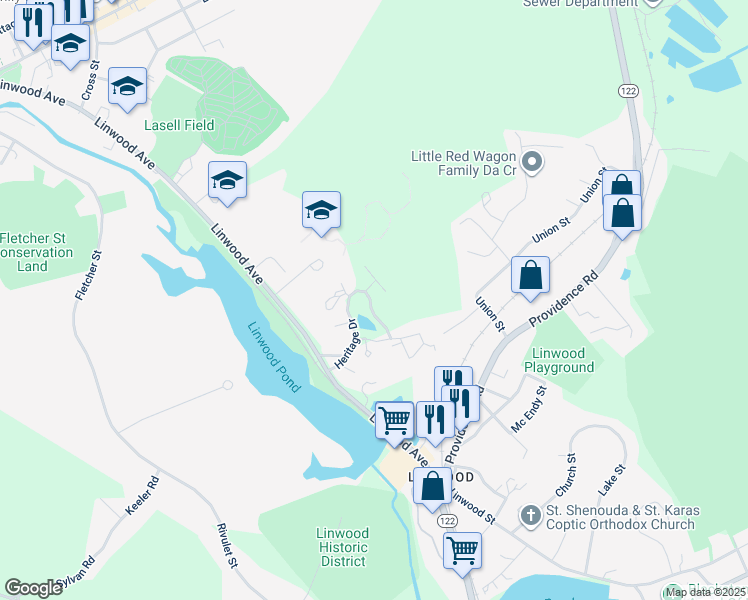 map of restaurants, bars, coffee shops, grocery stores, and more near 111 Heritage Drive in Northbridge