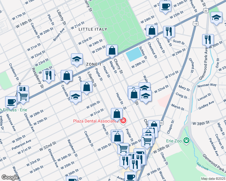 map of restaurants, bars, coffee shops, grocery stores, and more near 2916 Hazel St in Erie