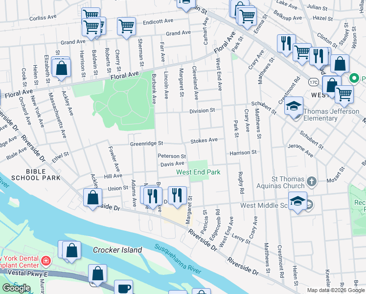 map of restaurants, bars, coffee shops, grocery stores, and more near 2 Greenridge Street in Johnson City