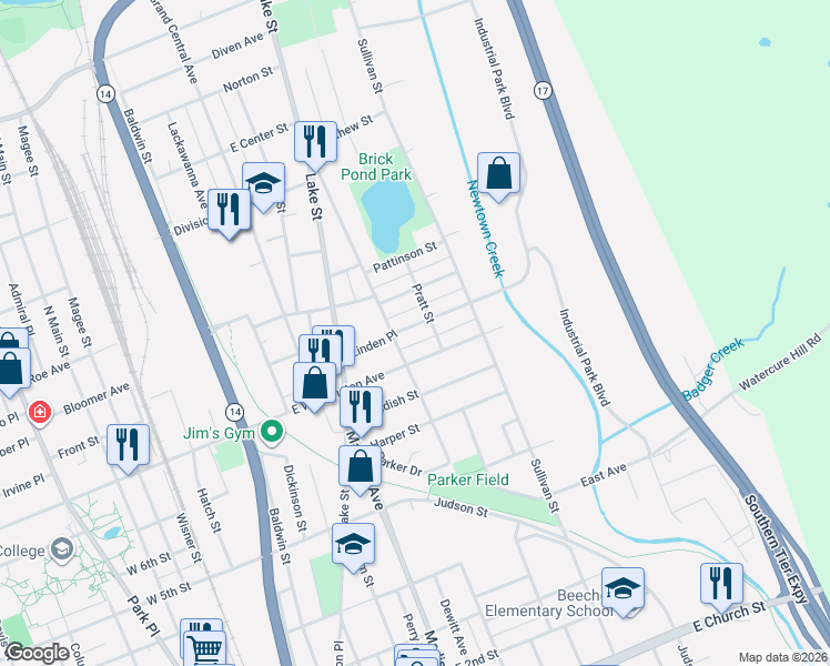 map of restaurants, bars, coffee shops, grocery stores, and more near 710 Linden Place in Elmira