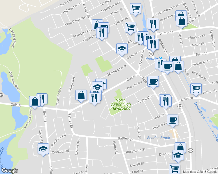 map of restaurants, bars, coffee shops, grocery stores, and more near 97 Oak Street in Brockton