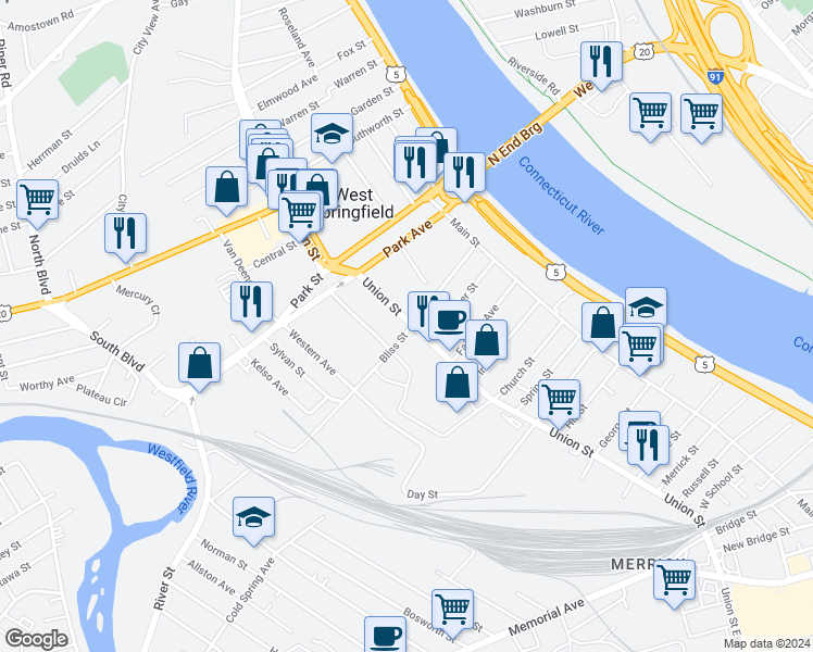 map of restaurants, bars, coffee shops, grocery stores, and more near 148 Union Street in West Springfield