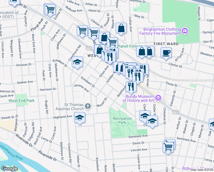 map of restaurants, bars, coffee shops, grocery stores, and more near 43 Haendel Street in Binghamton