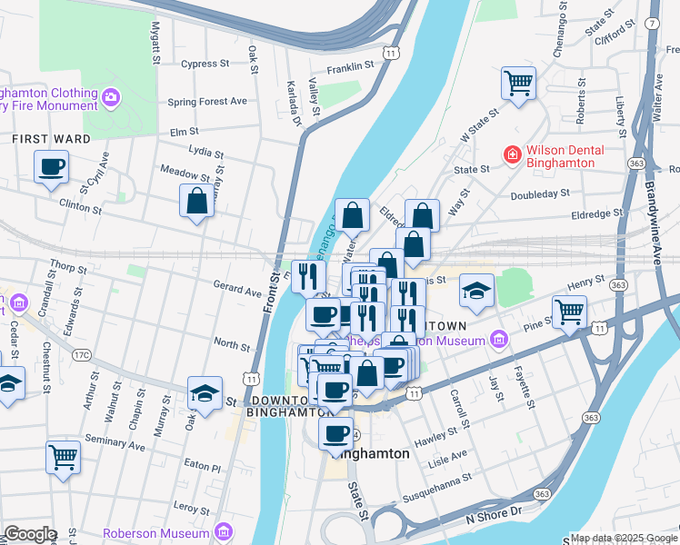 map of restaurants, bars, coffee shops, grocery stores, and more near 281 Water Street in Binghamton