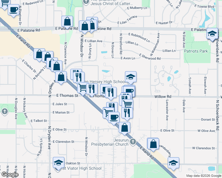 map of restaurants, bars, coffee shops, grocery stores, and more near 1532 North Courtland Drive in Arlington Heights