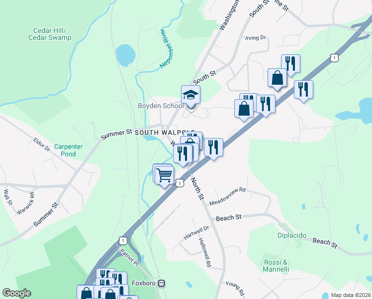 map of restaurants, bars, coffee shops, grocery stores, and more near 42 Water Street in Walpole