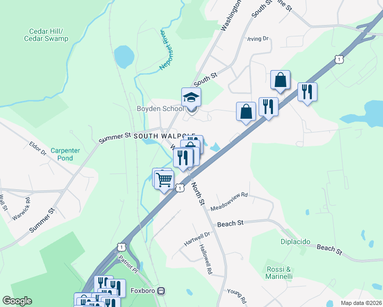 map of restaurants, bars, coffee shops, grocery stores, and more near 42 Water St in Walpole