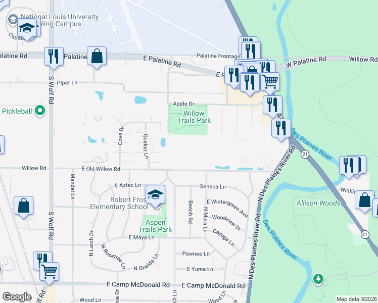 map of restaurants, bars, coffee shops, grocery stores, and more near 834 East Old Willow Road in Prospect Heights