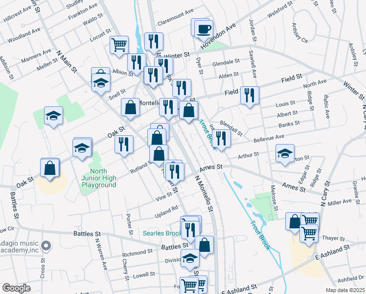map of restaurants, bars, coffee shops, grocery stores, and more near 759 North Montello Street in Brockton