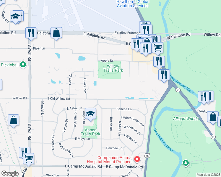 map of restaurants, bars, coffee shops, grocery stores, and more near 834 East Old Willow Road in Prospect Heights