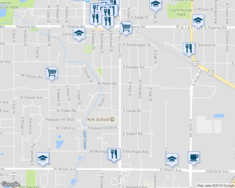 map of restaurants, bars, coffee shops, grocery stores, and more near 336 Plum Grove Road in Palatine