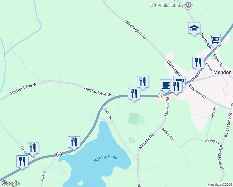 map of restaurants, bars, coffee shops, grocery stores, and more near 3 Hartford Avenue West in Mendon