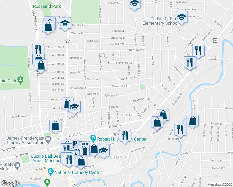 map of restaurants, bars, coffee shops, grocery stores, and more near 43 Falconer Street in Jamestown
