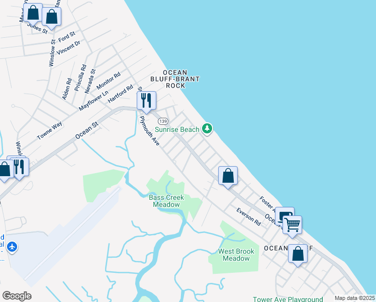 map of restaurants, bars, coffee shops, grocery stores, and more near 801 Ocean Street in Marshfield