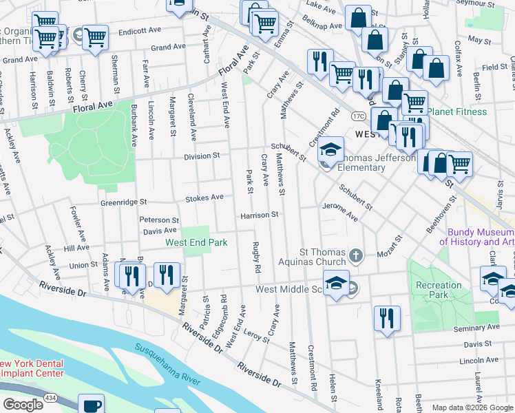 map of restaurants, bars, coffee shops, grocery stores, and more near 2 Park Street in Binghamton