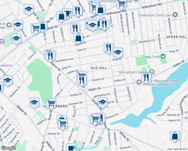 map of restaurants, bars, coffee shops, grocery stores, and more near 55 Nelson Avenue in Springfield
