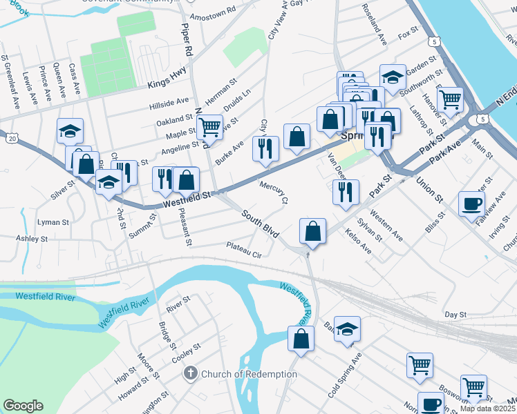 map of restaurants, bars, coffee shops, grocery stores, and more near 22 Boulevard Place in West Springfield