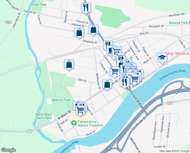 map of restaurants, bars, coffee shops, grocery stores, and more near 83 McMaster Street in Owego