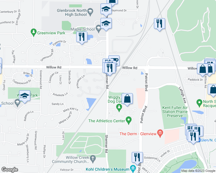 map of restaurants, bars, coffee shops, grocery stores, and more near 2679 Shermer Road in Northbrook