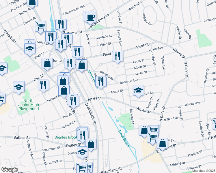 map of restaurants, bars, coffee shops, grocery stores, and more near 19 Bellevue Avenue in Brockton