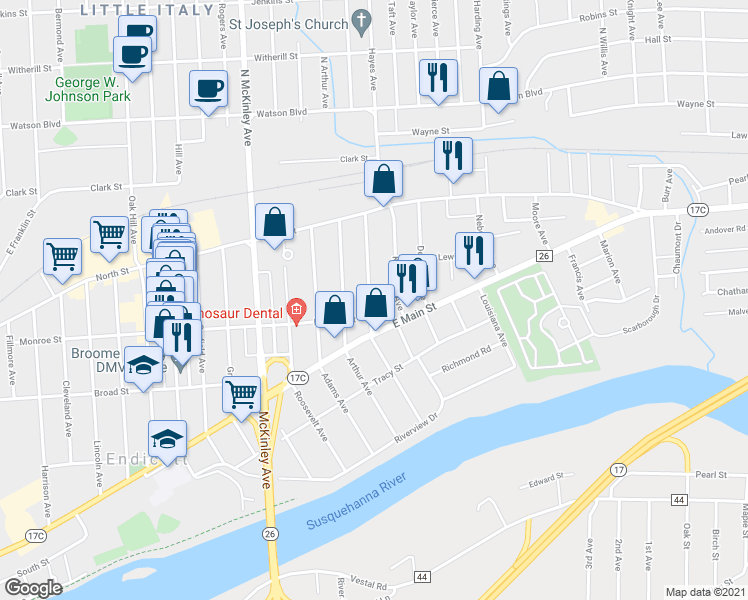 map of restaurants, bars, coffee shops, grocery stores, and more near 37 Jackson Avenue in Endicott