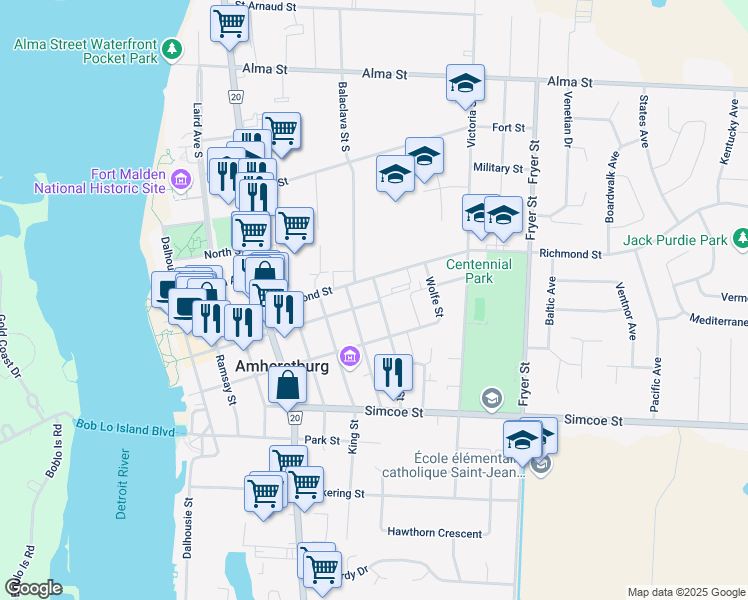 map of restaurants, bars, coffee shops, grocery stores, and more near 208 Brock Street in Amherstburg