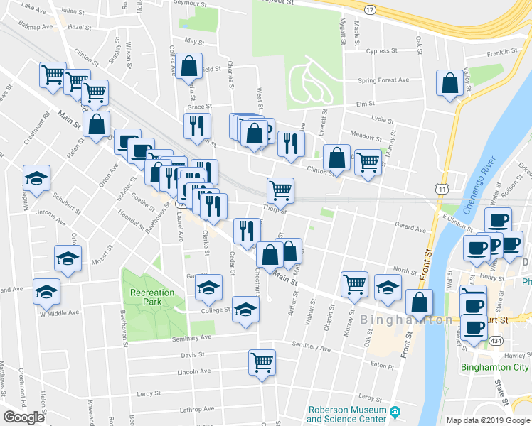 map of restaurants, bars, coffee shops, grocery stores, and more near 24 Crandall Street in Binghamton