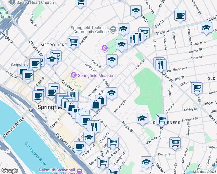 map of restaurants, bars, coffee shops, grocery stores, and more near 69 High Street in Springfield