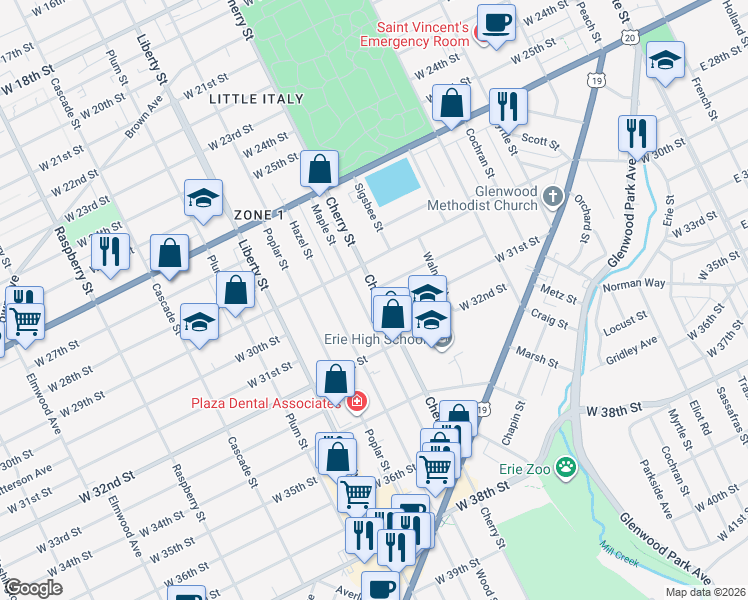 map of restaurants, bars, coffee shops, grocery stores, and more near 2931 Maple Street in Erie