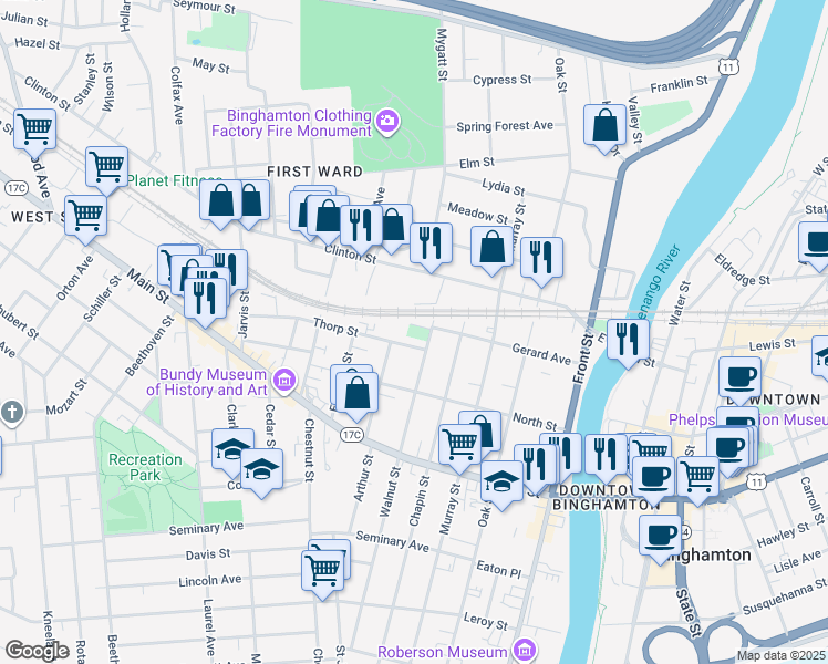 map of restaurants, bars, coffee shops, grocery stores, and more near 121 Walnut Street in Binghamton