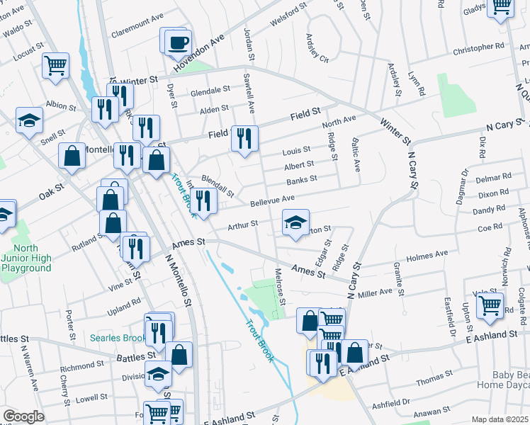 map of restaurants, bars, coffee shops, grocery stores, and more near 82 Arthur Street in Brockton