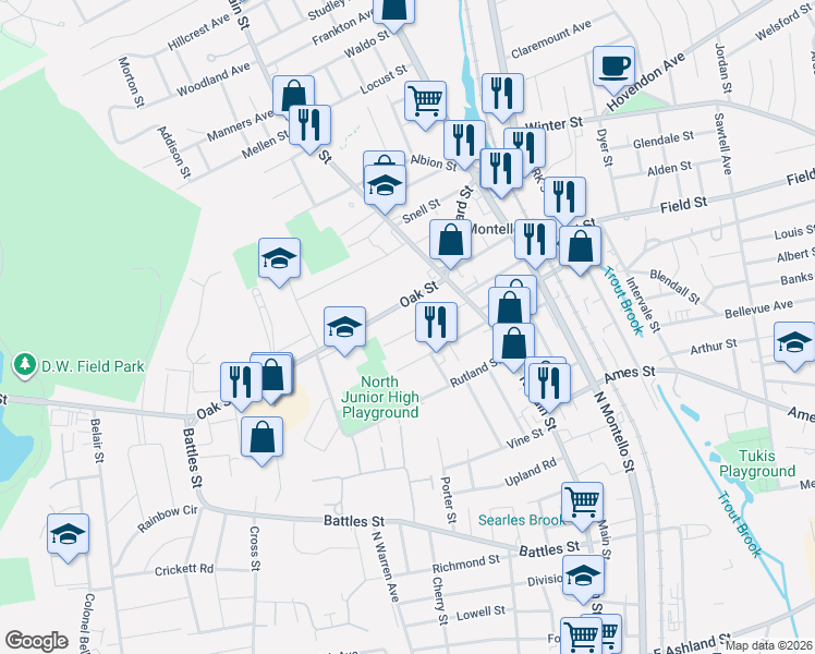 map of restaurants, bars, coffee shops, grocery stores, and more near 45 Orchard Avenue in Brockton