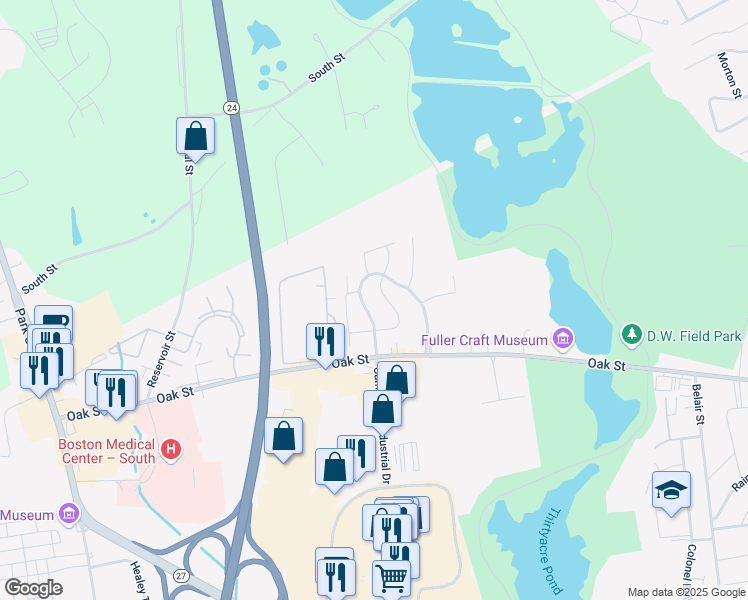 map of restaurants, bars, coffee shops, grocery stores, and more near 582 Chatham West Drive in Brockton