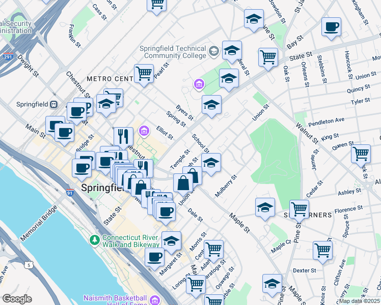map of restaurants, bars, coffee shops, grocery stores, and more near 64 Temple Street in Springfield