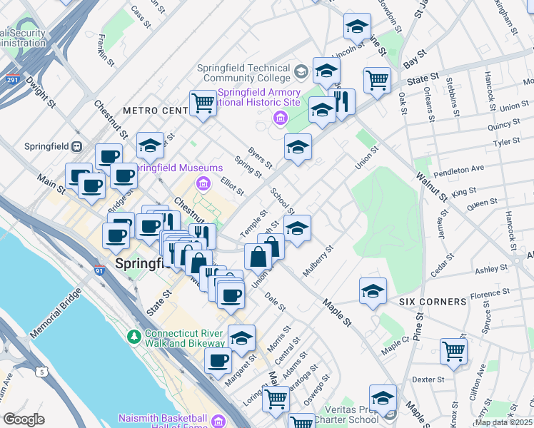 map of restaurants, bars, coffee shops, grocery stores, and more near 64 Temple Street in Springfield