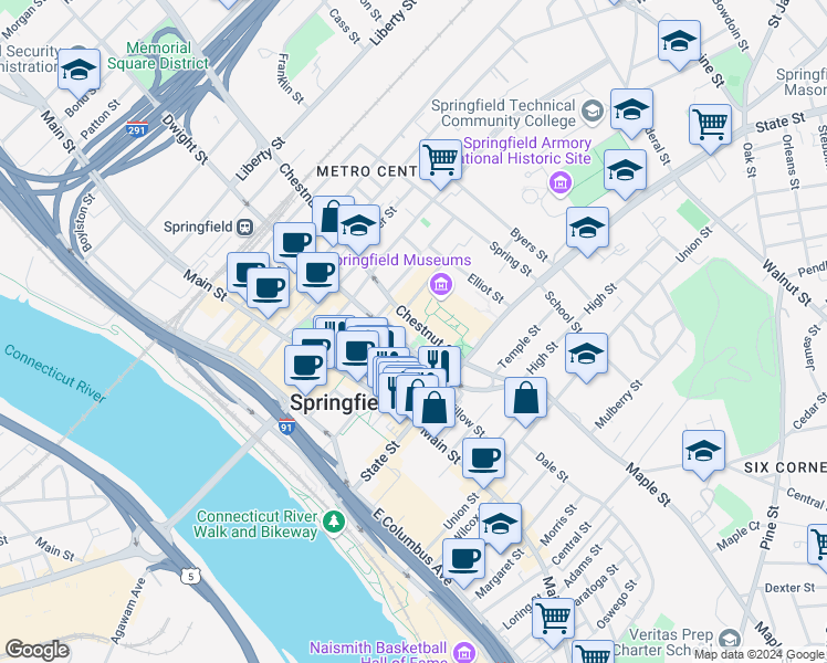 map of restaurants, bars, coffee shops, grocery stores, and more near 37 Chestnut Street in Springfield