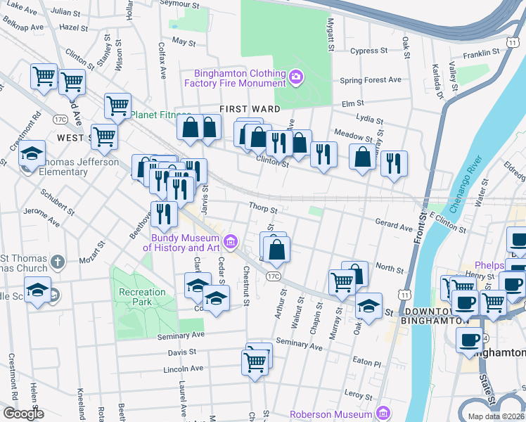 map of restaurants, bars, coffee shops, grocery stores, and more near 33 Edwards Street in Binghamton